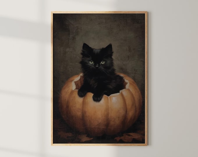 Halloween Wall Art Printable Vintage Rustic Decor Cute Black Cat in Pumpkin Halloween Painting Vintage Cat Painting Halloween Print