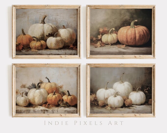 Fall Wall Decor Printable Pumpkin Gallery Set of 4 Prints | Rustic Pumpkin Decor Vintage Autumn Pumpkins Printable Wall Art for Thanksgiving
