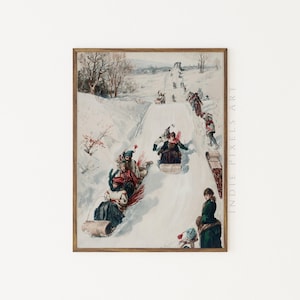 Winter Wall Art Vintage Oil Painting Winter Sledding Landscape Printable Art | Rustic Cottage Winter Decor Modern Farmhouse Decor