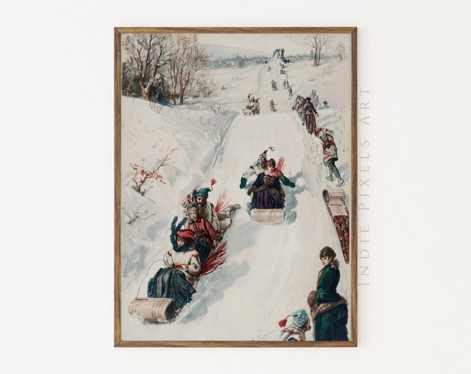 Winter Wall Art Vintage Oil Painting Winter Sledding Landscape Printable Art | Rustic Cottage Winter Decor Modern Farmhouse Decor