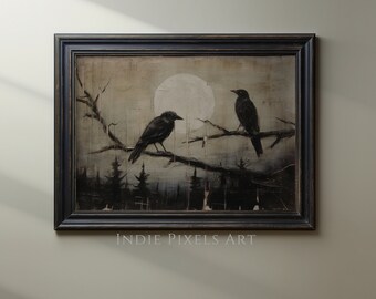 May include: A framed painting of two black crows perched on a branch in a dark forest setting. The moon is visible in the background, casting a soft glow on the scene.