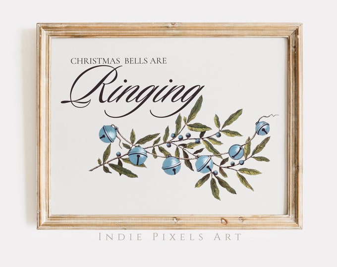 Printable Christmas Art Vintage Christmas Bells Sign Holiday Printable Art, Vintage Cottage Christmas Decor Simple Farmhouse Christmas Sign
