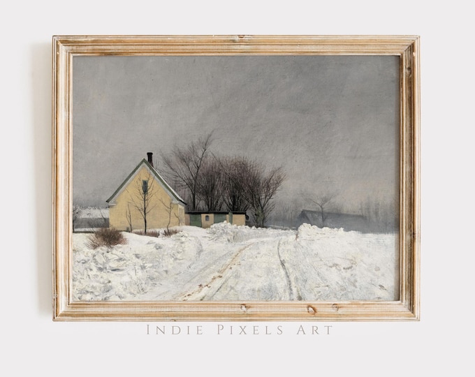 Printable Winter Wall Art Vintage Snowy Homestead Painting