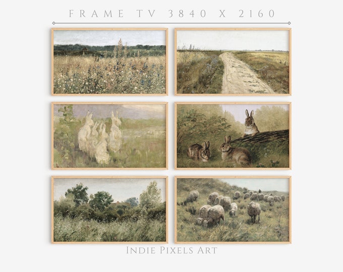 Frame TV Art Vintage Rabbit Landscape Painting Farmhouse Cottage Decor | Vintage Wildflower Sheep Frame TV Art Vintage Farmhouse Set of 6