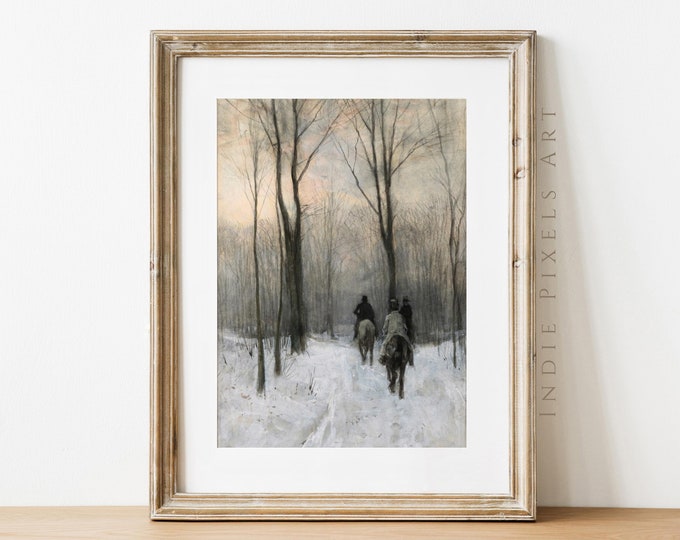 Winter Prints Wall Art Vintage Oil Painting Winter Riders Landscape Printable Art | Moody Rustic Cottage Winter Decor Moody Farmhouse Decor