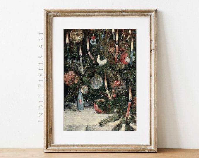 Christmas Wall Art Vintage Christmas Tree Painting Holiday Printable Art | Vertical Rustic Cottage Christmas Decor Vintage Farmhouse Decor