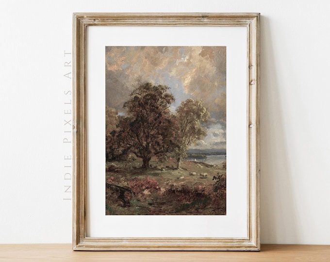 Fall Art Vintage Landscape Painting Autumn Sheep Digital Printable Wall Art | Autumn Countryside Painting Rustic Farmhouse Art Print