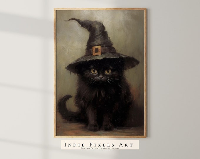 Halloween Wall Art Printable Vintage Halloween Rustic Halloween Decor Cute Black Cat Halloween Painting Vintage Cat Painting Halloween Print