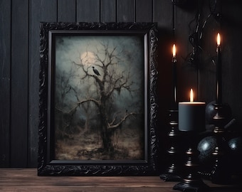 May include: A black framed picture with a dark forest scene and a single bird perched on a branch. The picture is displayed on a dark wooden surface with two black candle holders and lit candles.