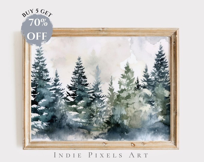 Snowy Winter Print, Christmas Printable Wall Art, Farmhouse Winter Watercolor Pine Forest Painting, Rustic Landscape Print, Digital Download
