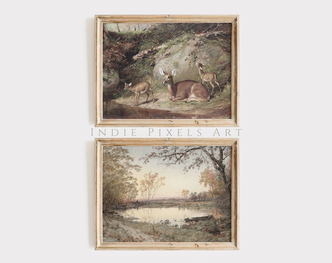 Vintage Art Set Farmhouse Decor Deer Landscape Painting Cottage Decor Print | Neutral Country Wall Art Set Spring PRINTABLE Digital Art