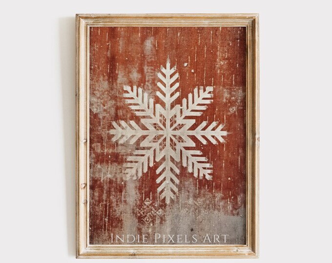 Snowflake Nordic Christmas Tapestry Print Rustic Red Christmas Wall Art Vintage Style Tapestry Printable Winter Wall Decor Print