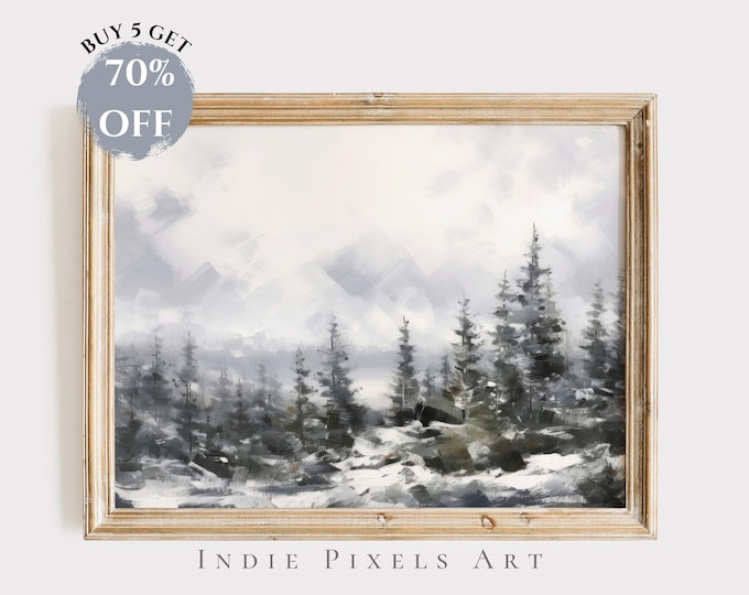 Snowy Winter Print, Christmas Printable Wall Art, Farmhouse Winter Pine Forest Painting, Rustic Landscape Print, Digital Download