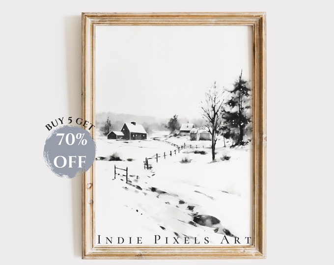 Snowy Homestead Simple Holiday Wall Art Digital Print Minimalist Christmas Art, Black and White Winter Landscape Print