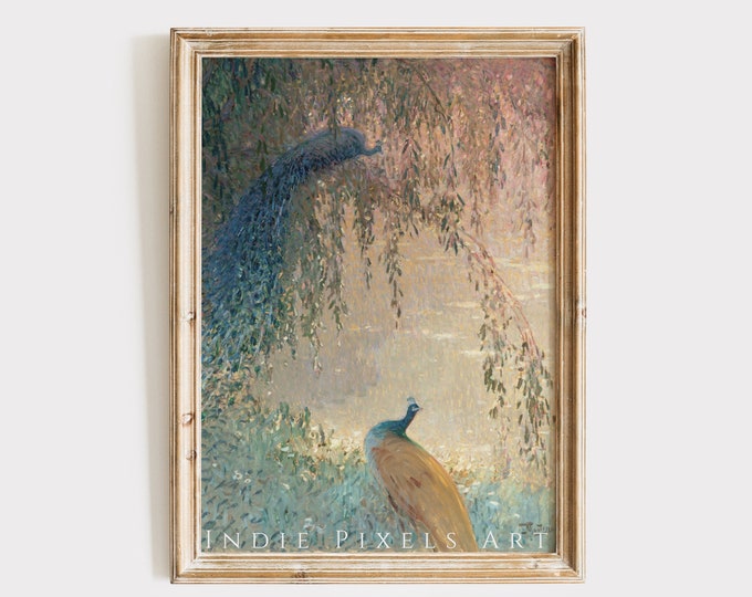 Printable Spring Wall Art Vintage Painting Peacocks | Vintage Pastel Nursery Decor Art PRINTABLE Peacocks Landscape Vintage Digital Download