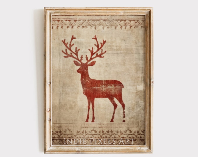 Nordic Reindeer Christmas Tapestry Print Rustic Red Christmas Wall Art Vintage Style Tapestry Printable Winter Wall Decor Print
