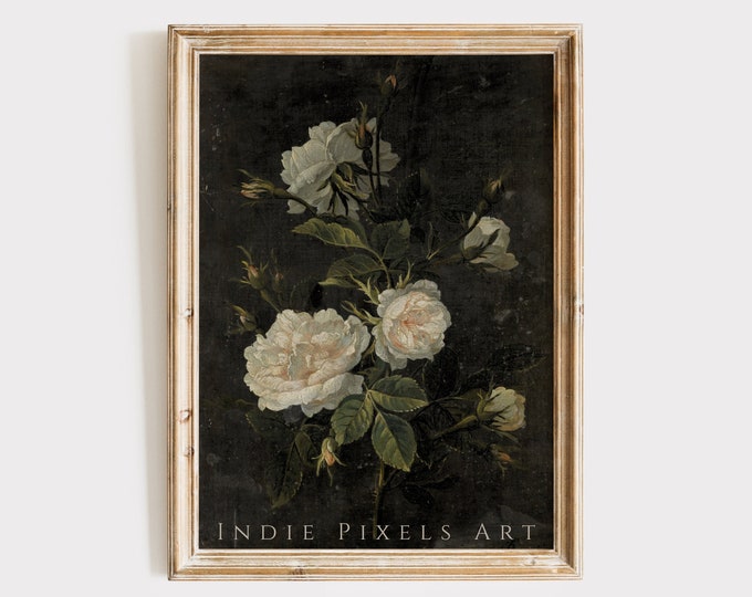 Vintage Flower Print Moody Roses Oil Painting | Maximalist Wall Art Downloadable Black White Cottage Decor Painting Roses Printable Wall Art