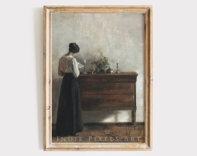 Rustic European Farmhouse Decor Vintage Danish Portrait Painting Woman Reading | Antique Bedroom Wall Decor PRINTABLE Digital Download