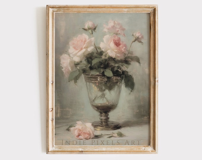Vintage Flower Print Roses Oil Painting | Cottage Wall Art Downloadable | Pink Country Botanical Painting | Pink Roses Nursery Decor