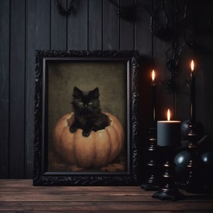 Halloween Wall Art Printable Vintage Rustic Decor Cute Black Cat in Pumpkin Halloween Painting ...