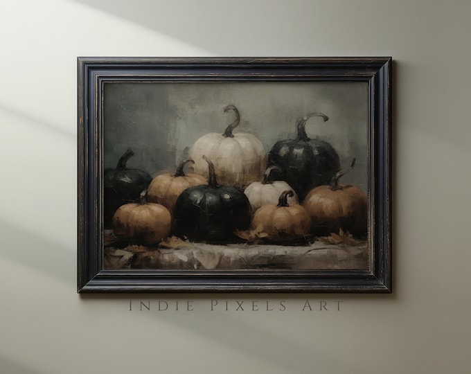 Printable Rustic Halloween Pumpkins Digital Print | Moody Halloween Wall Decor Printable Pumpkin Still Life Painting Digital Download