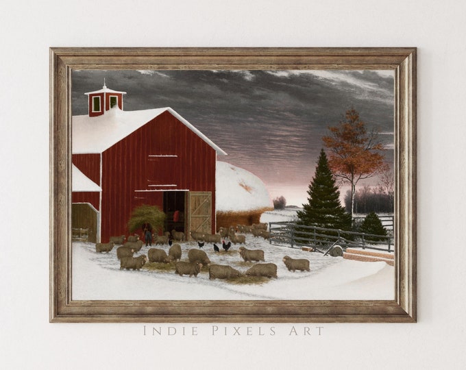 Printable Winter Wall Art Vintage Red Barn Painting