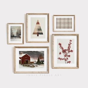 Christmas Gallery Wall Prints Rustic Red Barn Set of 5 Vintage Country Farmhouse Christmas Wall Art Prints Cottage Christmas Decor Printable