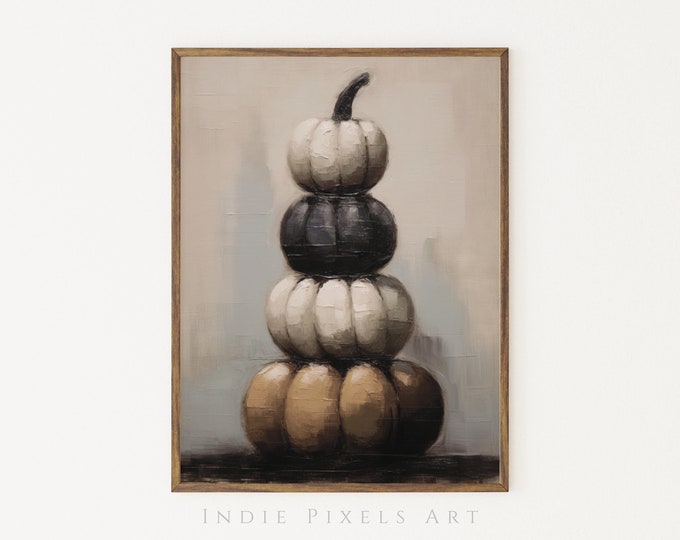 Black Stacked Pumpkins Printable Art, Halloween Wall Decor Rustic Halloween Art Vintage Autumn Wall Print Halloween Stacked Pumpkins