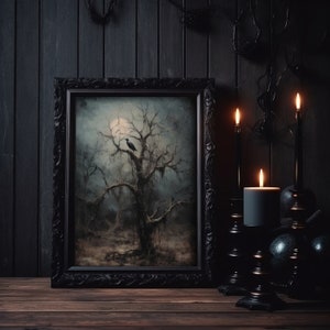Lámina de árbol espeluznante para Halloween / Arte de cuervo estilo Dark Academia (Descarga digital)