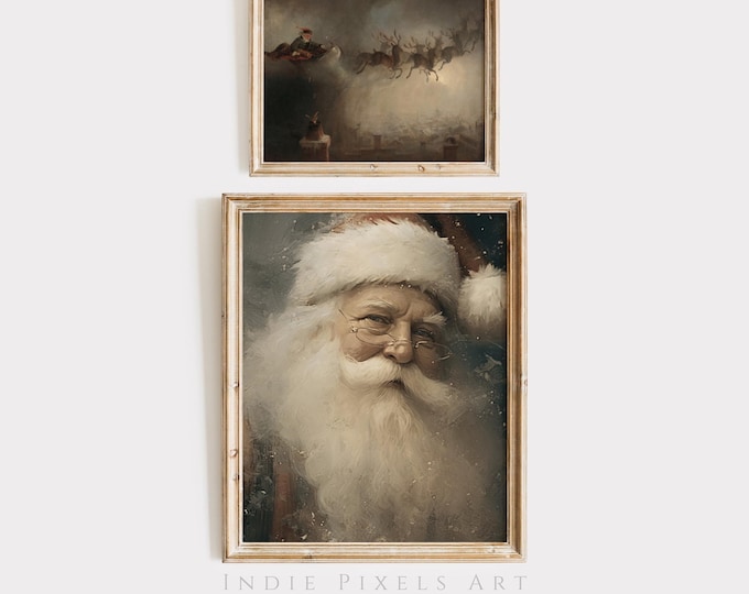 Christmas Wall Art Vintage Santa Sleigh Painting Holiday Printable Art Set, Moody Christmas Decor Vintage Christmas Decor Rustic Santa Print
