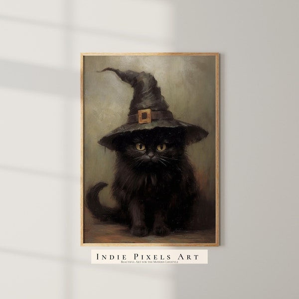 Halloween Wall Art Printable Vintage Halloween Rustic Halloween Decor Cute Black Cat Halloween Painting Vintage Cat Painting Halloween Print