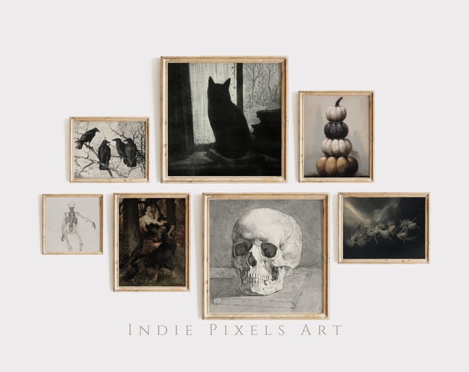 Halloween Decor Gallery Wall Prints SET of 7 Vintage Digital Art Prints Halloween Printable Wall Decor Downloadable Black Cat Witch Pumpkins