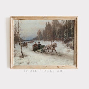 Winter Sleigh Ride Painting | Vintage Farmhouse Landscape (Digital Print)