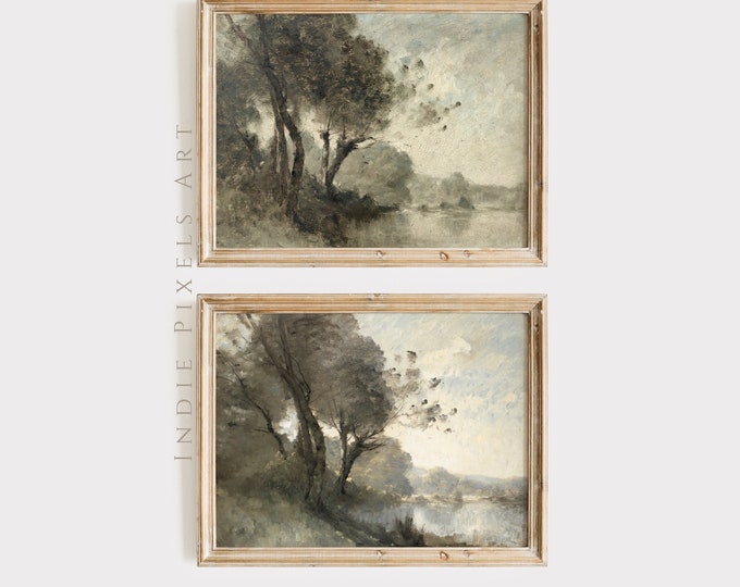 PRINTABLE Muted Landscape Art Set of 2 Rustic Vintage Muted Green Landscape Prints | English Cottage European Painting PRINTABLE Digital