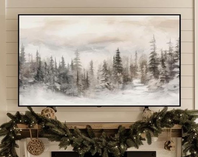 Winter Forest TV Art Winter Watercolor Pine Forest 4k Frame TV Art Neutral Winter Landscape | Instant Digital Download Art for Frame TV