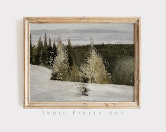 Vintage Snowy Pine Forest Painting | Moody Winter Landscape Art (Digital Download)
