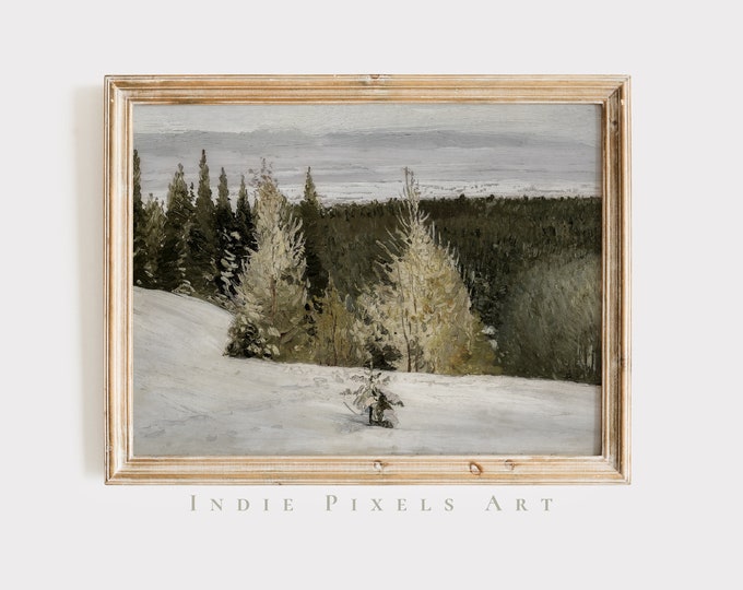 Moody Artful Winter Forest Landscape Vintage Painting | Artful Vintage Pine Forest Print Farmhouse Scenery Vintage Digital Download