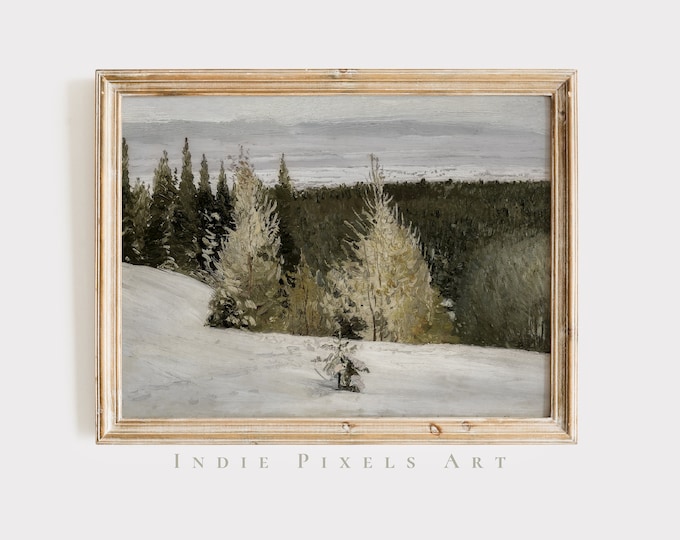 Moody Winter Prints Snowy Forest Landscape Vintage Painting | Digital Vintage Pine Forest Print Modern Farmhouse Decor Digital Download