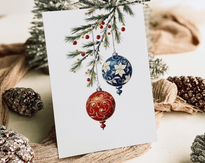 Printable Christmas Card Simple Ornaments Instant Download