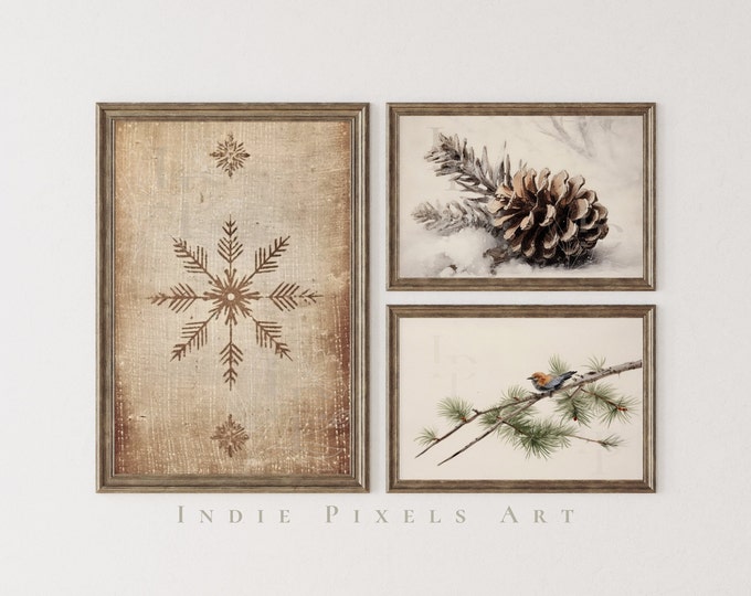 Christmas Gallery Wall Prints SET of 3 Boho Christmas Printable Art Gallery Wall Primitive Winter Collage Wall Art Neutral Holiday Decor