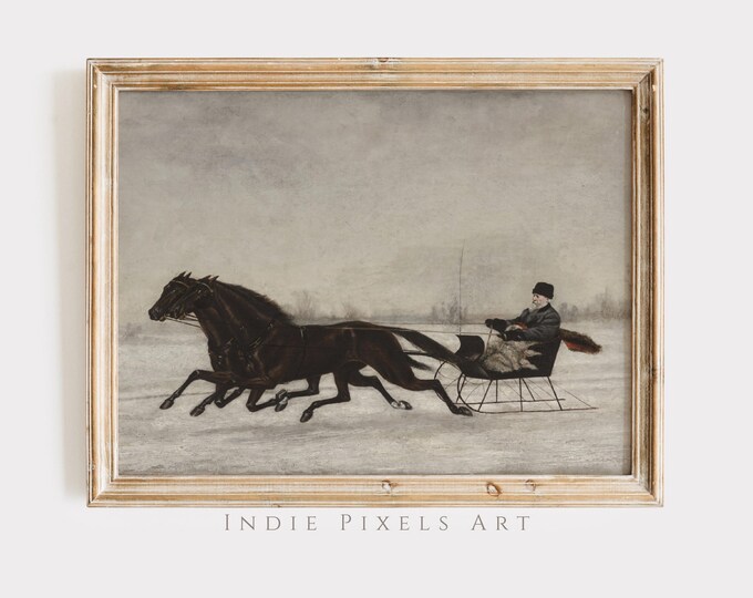 Winter Wall Art Vintage Oil Painting Winter Sleigh Ride Landscape Printable Art | Rustic Cottage Winter Decor Moody Farmhouse Decor