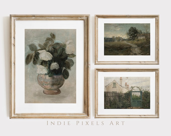 Cottage Oil Paintings Set of 3 Country Farmhouse Vintage Art | Country Garden Wall Art Summer Vintage Muted Print PRINTABLE Digital Wall Art