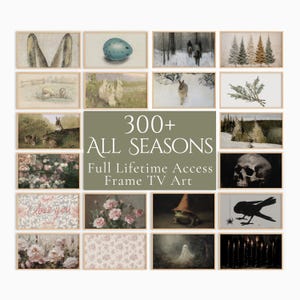以下が含まれることがあります： 青い鳥の卵、雪の中のウサギ、頭蓋骨、帽子をかぶったカエルなど、自然のさまざまなシーンを描いた16枚の額装された画像のコラージュ。テキスト「300+ ALL SEASONS Full Lifetime Access Frame TV Art」はコラージュの中央に表示されています。