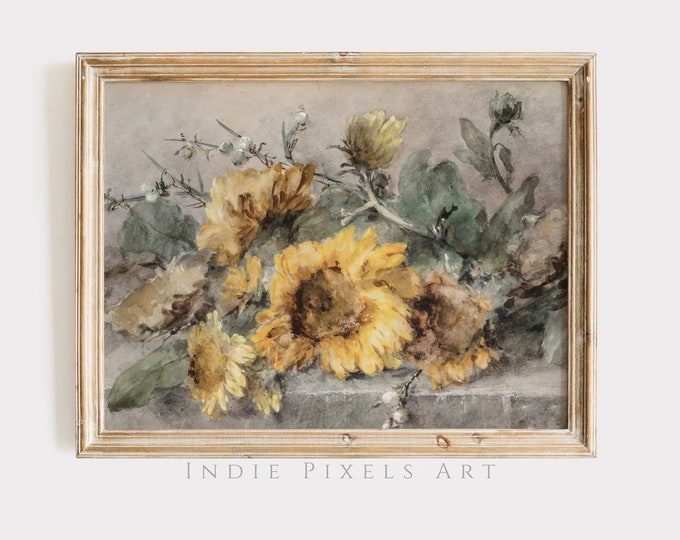 Vintage Sunflowers Digital Print Art Farmhouse Sunflowers Still Life Botanical Wall Art Printable Large Sunflowers Printable Fall Wall Decor