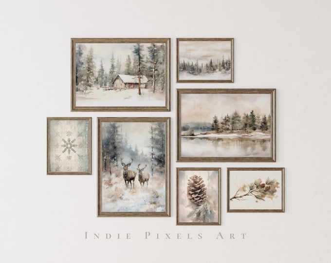 Printable Vintage Christmas Tree Prints, Set of Neutral Winter Wall Arts, Santa Claus Print, Farmhouse Christmas Decor, Digital Download