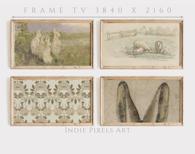 Springtime Frame TV Art Easter Vintage Art for Samsung Frame TV | Easter Bunny Lamb Rabbit Ears Neutral Easter Frame TV Instant Download