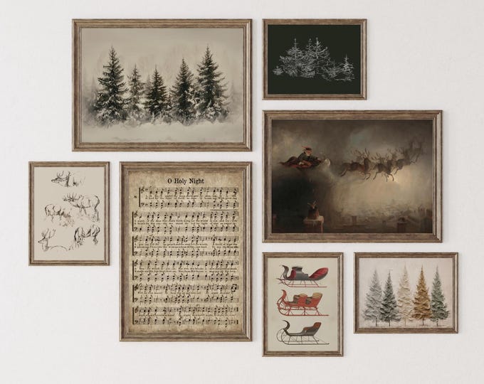 Christmas Art Prints Set O Holy Night Santa Sleigh Christmas Tree Gallery Prints | Antique Christmas Art Prints Christmas Decor