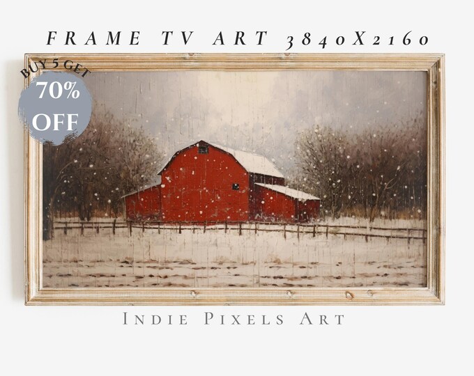 Samsung Frame Art Christmas Red Barn in Winter Farmhouse Painting Art for Samsung Frame TV Rustic Farmhouse Decor | Instant Digital Download