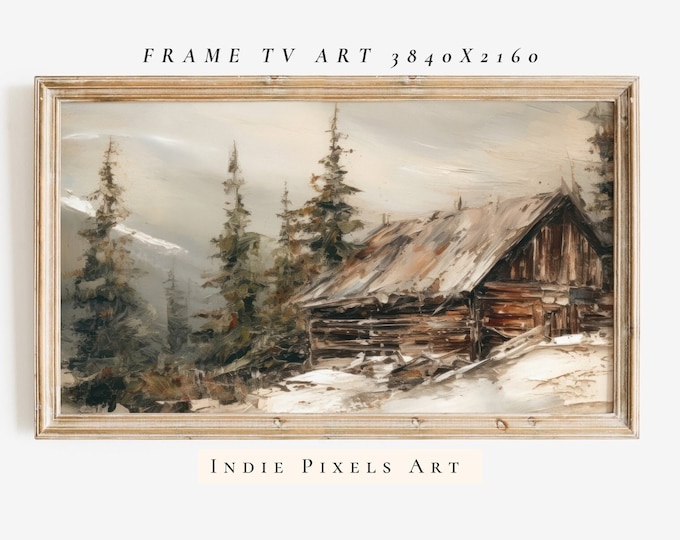 Winter Frame TV Art Log Cabin 4K Art for Samsung Frame TV Rustic Winter Cabin Painting | Instant Digital Download Art for Samsung Frame TV