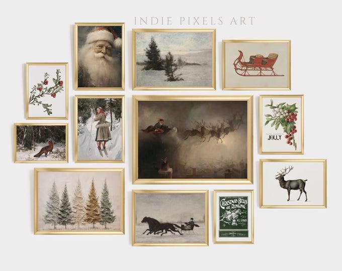 Christmas Prints Set Vintage Santa Sleigh Christmas Trees Holiday Printable Wall Art Set Christmas Wall Art Vintage Christmas Decor